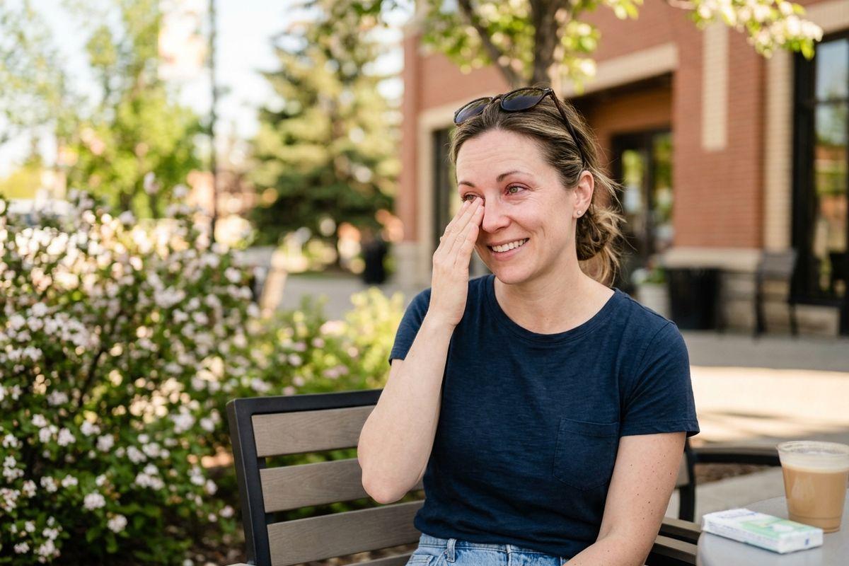 A smiling adult sitting outdoors rubs their red right eye. They wear a blue t-shirt with sunglasses resting on their head.
