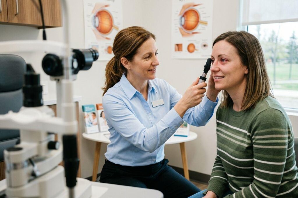 A smiling optometrist uses a handheld instrument to examine an adult patient's eye in a clinic. The patient has redness around the eye.
