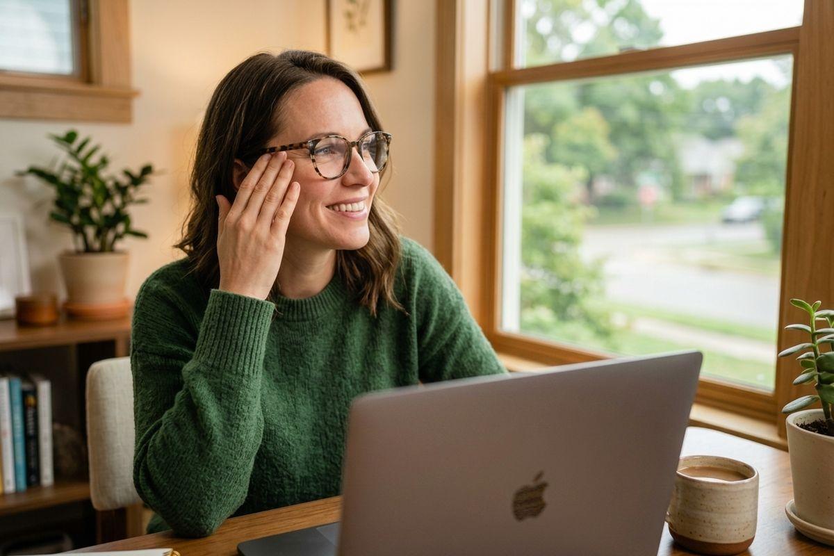 A smiling adult sits at a desk with a laptop, touching their eyeglasses and looking out a window.