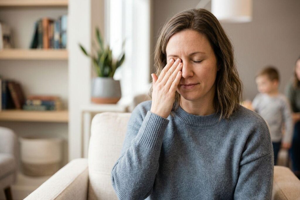 An adult sits in a living room, eyes closed, rubbing their right eye with their fingers. A child is blurred in the background.