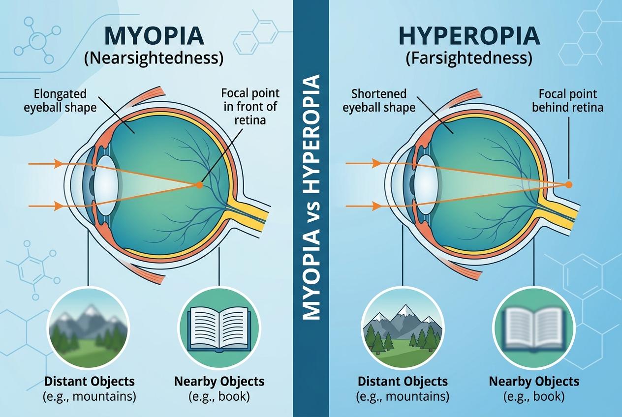 Diagram comparing myopia and hyperopia, showing eye shape, focal point, and how each condition affects near and distance vision.