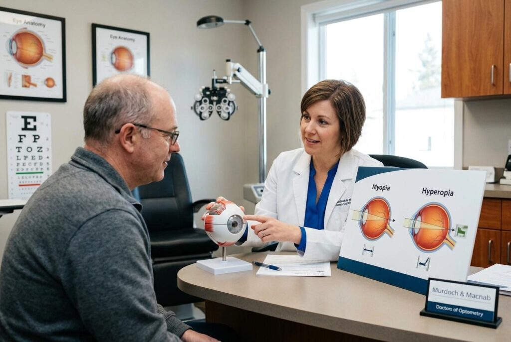 Optometrist explaining myopia and hyperopia to a patient using an eye model and vision diagram.