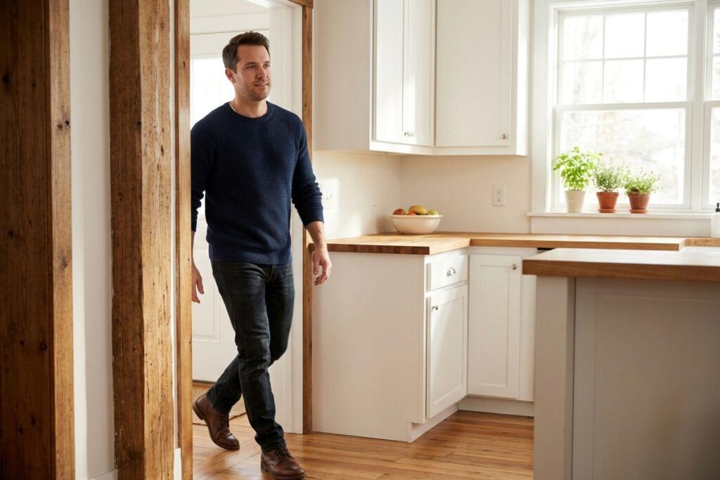 Adult in a navy sweater and jeans walking through a doorway into a bright kitchen with white cabinets, wood counters, and potted herbs.