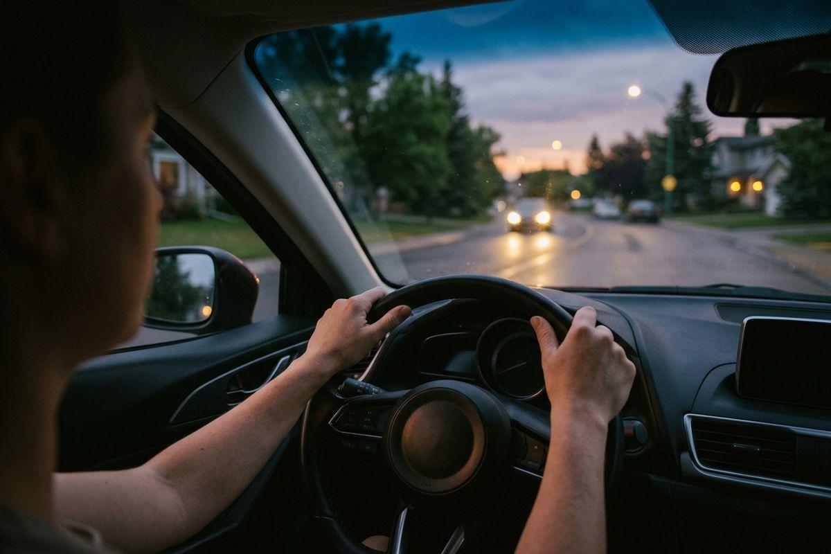 Person driving a car at dusk, both hands on the wheel, facing an oncoming vehicle with headlights on a residential street.